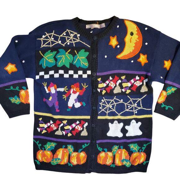 Vintage 80s Black Halloween Maximalist Embroidered Cardigan Sweater Kitschy - Picture 1 of 10